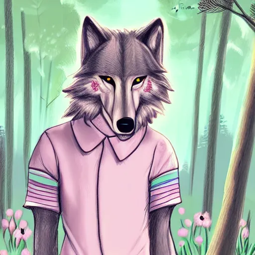 Image similar to Beautiful portrait drawing of an anthro anthropomorphic wolf wearing a cute pastel shirt, in Summer, at a forest. digital art