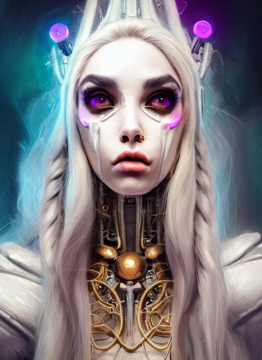 Prompt: soft lustrous ivory biotech raver clowncore madison beer gothic cyborg, earbuds, golden ratio, details, sci - fi, fantasy, cyberpunk, intricate, decadent, highly detailed, digital painting, ever after high, octane render, artstation, concept art, smooth, sharp focus, illustration, art by artgerm, loish, wlop