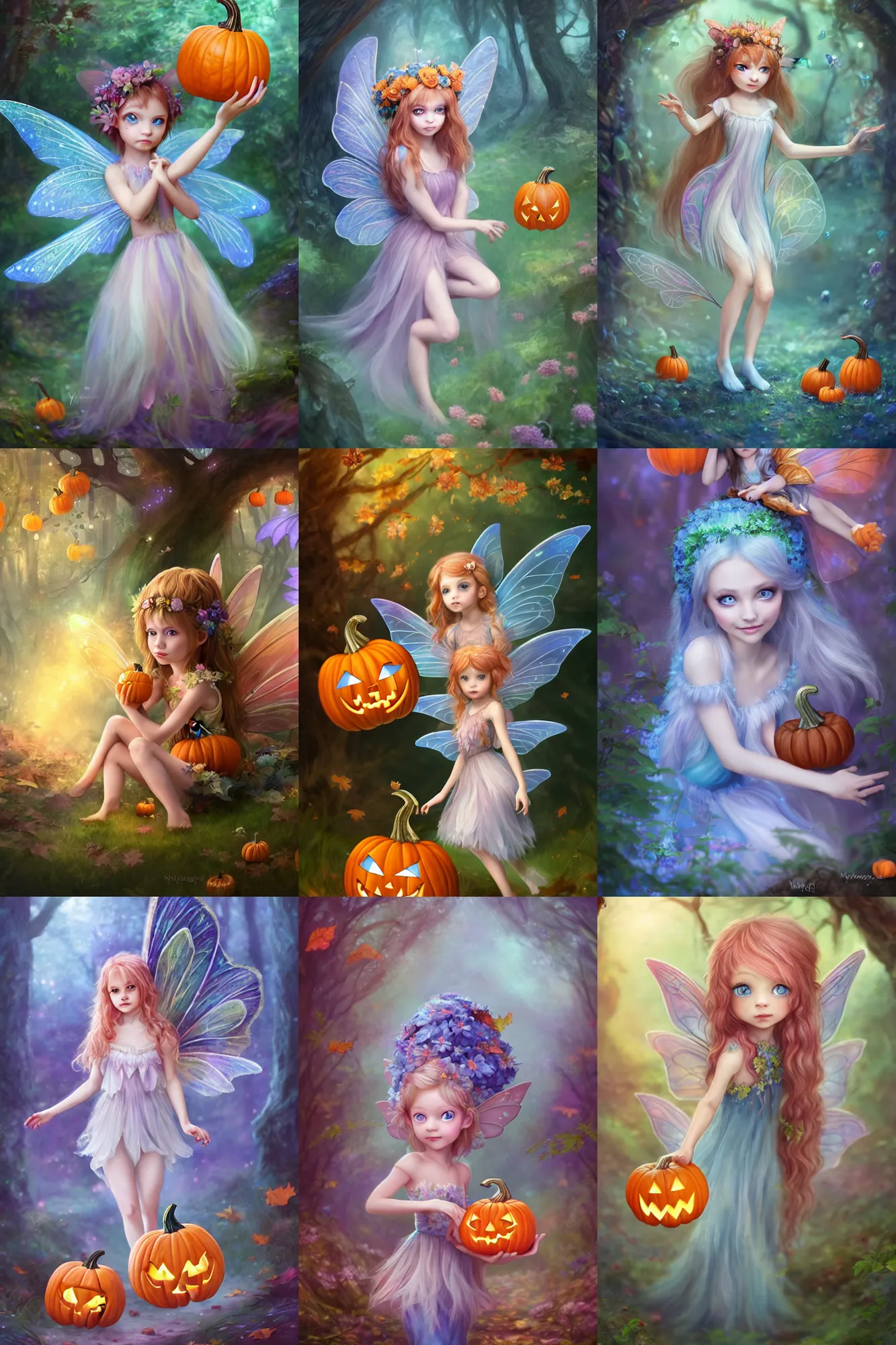 Prompt: small beautiful fairy with blue eyes, a cute and geogerous pumpkin fairy in the dreamy forest, fantasy, dreamlike, 8 k resolution, hyper detailed, d & d, character design, digital painting, trending on artstation, sharp focus, illustration, art by viktoria gavrilenko, hoang lap, fuji choko, steve zheng,