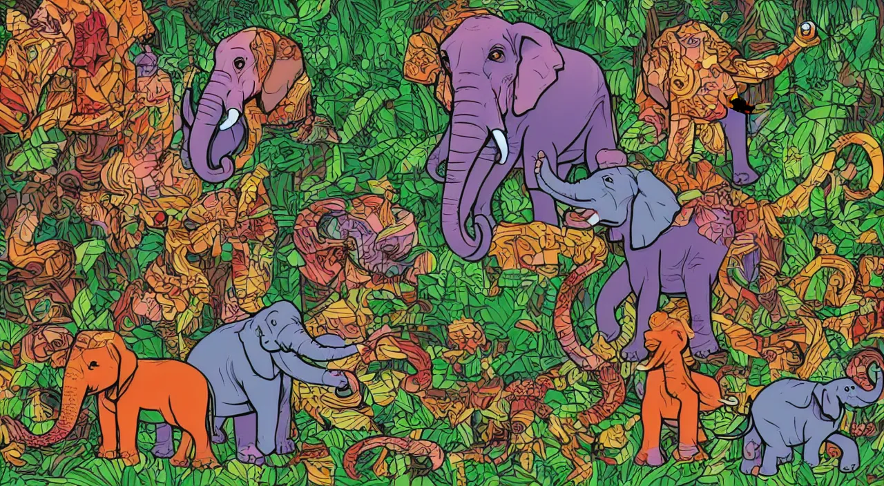 Prompt: multicolor dog, elephant, cobra in the deep forest cartoon mode in high resolution