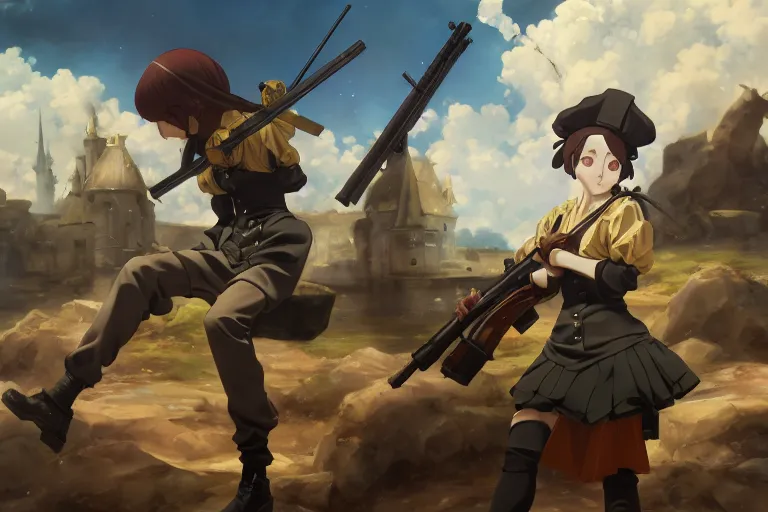 Image similar to baroque oil painting of anime key visual concept art of anime maid committing war crimes with rifle 1 9 4 0 during occupation of france colorized, trending on artstation, brush strokes, oil on canvas, style of makoto shinkai and greg rutkowski and studio ghibli