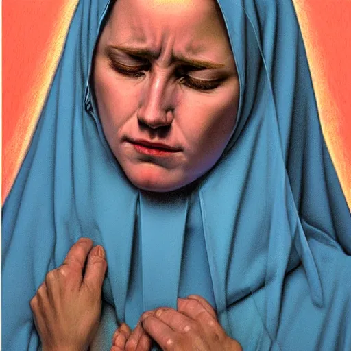 Prompt: portrait of crying young mother mary our lady of sorrows by greg hildebrandt beautiful high detail pastel colors