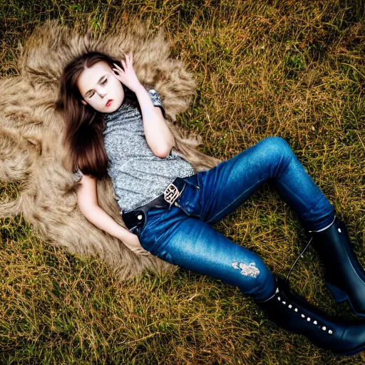 Image similar to young girl lies on a meadow, she wears leather jacket, jeans and black boots, intricate, sharp focus, photo taken by nikon, 4 k, studio lightning