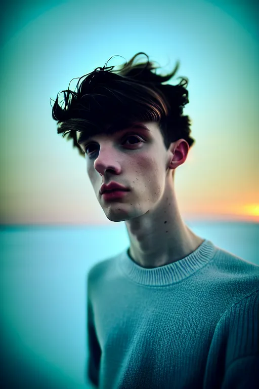 Image similar to high quality pastel coloured film mid angle selfie photograph of a beautiful young 2 0 year old male, soft features, black hair, standing in an icelandic black rock environment. atmospheric. three point light. photographic. art directed. ( pastel colours ). volumetric light. stark. waves glitch. 8 k. filmic.