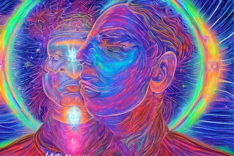 Image similar to digital art of a spiritual man looking up at the stars, glowing light, acrylic art, universe, painting, pastel colors, alex grey,