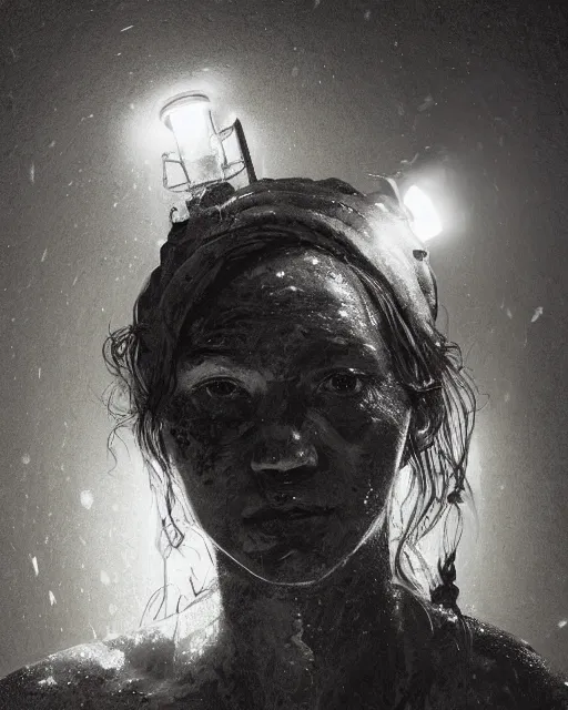 Prompt: a coalminer woman covered in coal dust in a mine lit by kerosene lamps, sweaty and gross pioneer work, atmospheric lighting, detailed body and face, by makoto shinkai, stanley artgerm lau, wlop, rossdraws