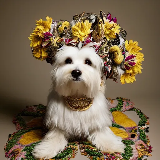 Prompt: cream - colored havanese dog wearing an ornate african necklace, a large headpiece made from flowers, soft light colored background, intriguing pose, magazine fashion photo by mark seliger
