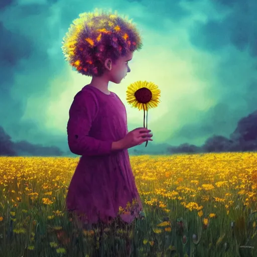 Prompt: daisy flower for a head, portrait of girl in flower field, holding daisy, surreal photography, sunrise, impressionist painting, colorful clouds, digital painting, artstation, simon stalenhag, flower face