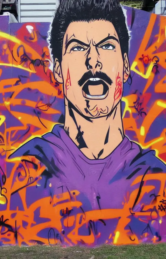 Image similar to a graffiti wall of super saiyajin freddy mercury