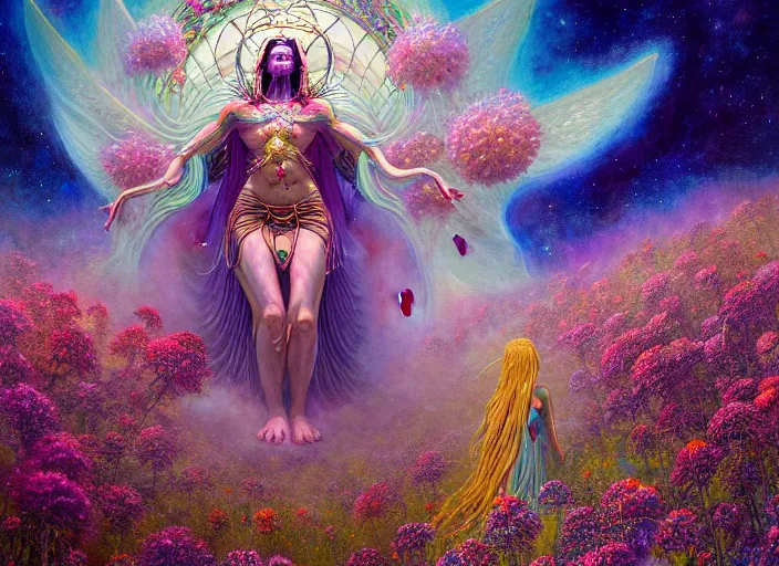 Prompt: a beautiful painting of a large alien godess emerging from a magical shrine shrouded by mystic nebula magic in a field of flowers by moebius and android jones, oil on canvas sharp, details, hyper - detailed, hd, hdr, 4 k, 8 k