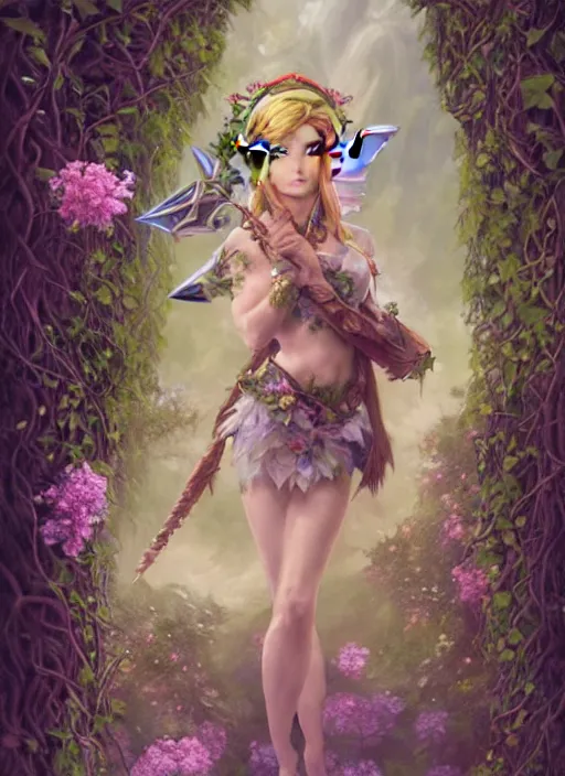 Image similar to beautiful full body portrait of the legend of Zelda ocarina of time great fairy, her body wrapped with ivy vines leaves and flowers, dark fantasy esoteric, D&D, fantasy, cinematic lighting, intricate, elegant, highly detailed, digital painting, artstation, concept art, matte, sharp focus, illustration, art by Artgerm and Tom Bagshaw and Greg Rutkowski and Alphonse Mucha