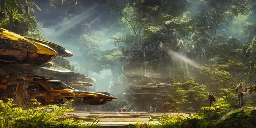 Prompt: a futuristic rusty old spaceship, on a landing pad, surrounded by a lush jungle, in the foreground two explorers are having a conversation, golden hour, sun beams, volumetric light, hyperdetailed, artstation, cgsociety, 8k