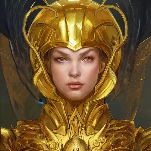 Image similar to Archangel with golden wings, heavy armor, , intricate, headshot, highly detailed, digital painting, artstation, concept art, sharp focus, cinematic lighting, illustration, art by artgerm and greg rutkowski, alphonse mucha, cgsociety