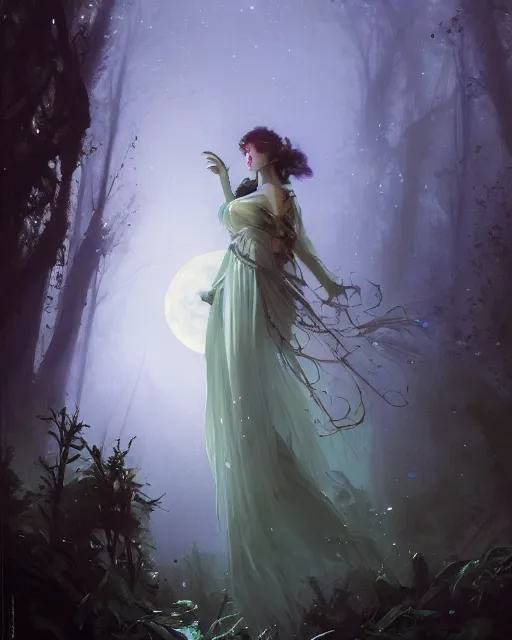 Image similar to a portrait of beautiful fairy goddness fly high in the night, d & d, fantasy, mist, full moon in background, trees, hyper detailed,, midium shot, an oil painting by ruan jia, trending on artstation, concept art, sharp focus, illustration, gaston bussiere, craig mullins, j. c. leyendecker, beautiful lighting