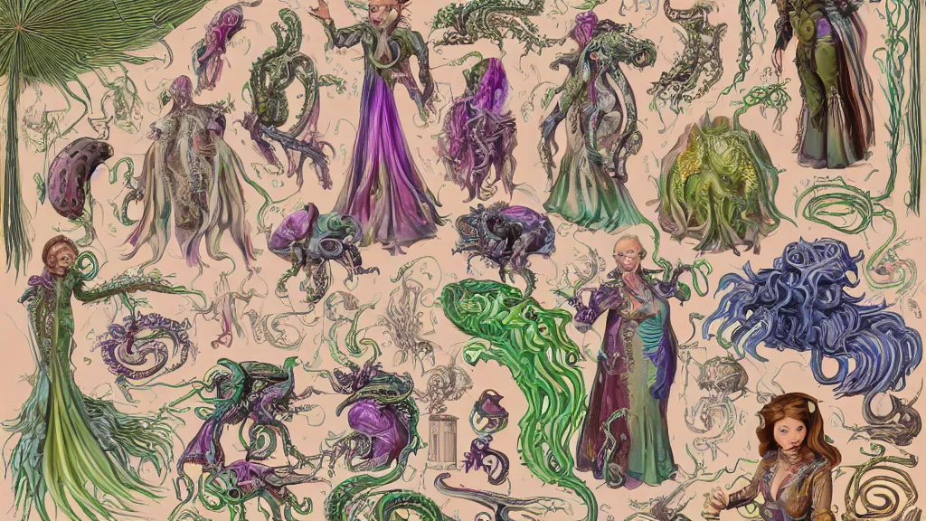 Image similar to vector, highly detailed colorful character sheet for a stocky alien extraterrestrial victorian female servant maid with thick snake - like tentacles instead of hair, long dress with apron, ernst haeckel, jim henson creature shop, coherent, illustration, digital art, trending on artstation, hd, 8 k, good lighting, beautiful, rough paper, masterpiece