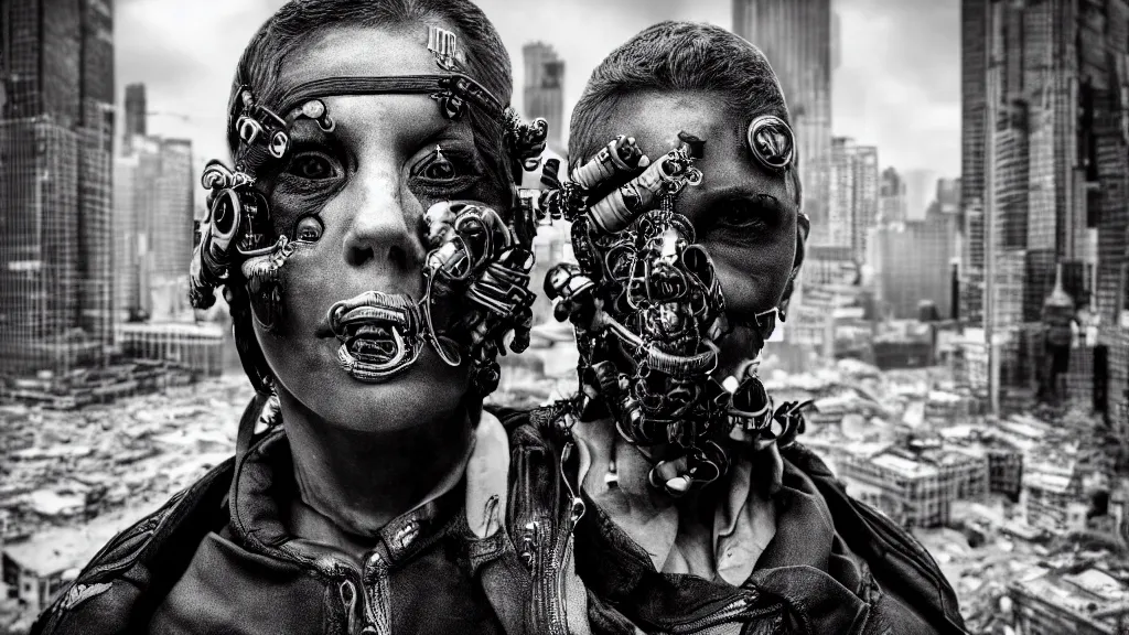 Prompt: Award winning photography of a cyberpunk bionic cyborg by David Yarrow