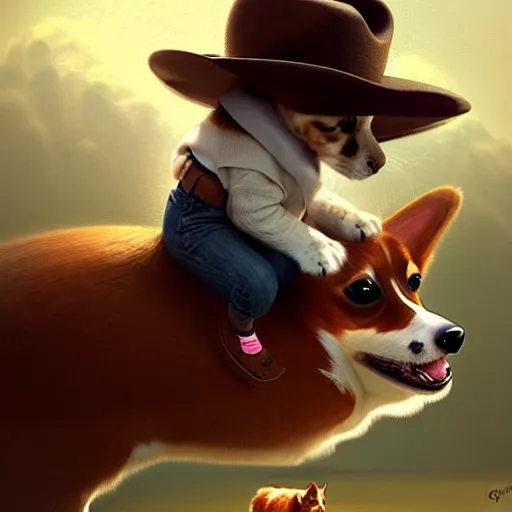 Prompt: tiny cat as a girl in cowboy hat riding on the back of a giant corgi by greg rutkowski