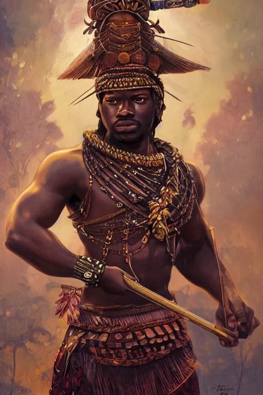 Prompt: ogun with a great spear, African warrior deity with golden and jeweled adornment, orisha God hunters and craftsmen, strong masculine features, menacing cinematic mid portrait, digital illustration, octane render trending on arstation by artgerm, raphaelite and mucha