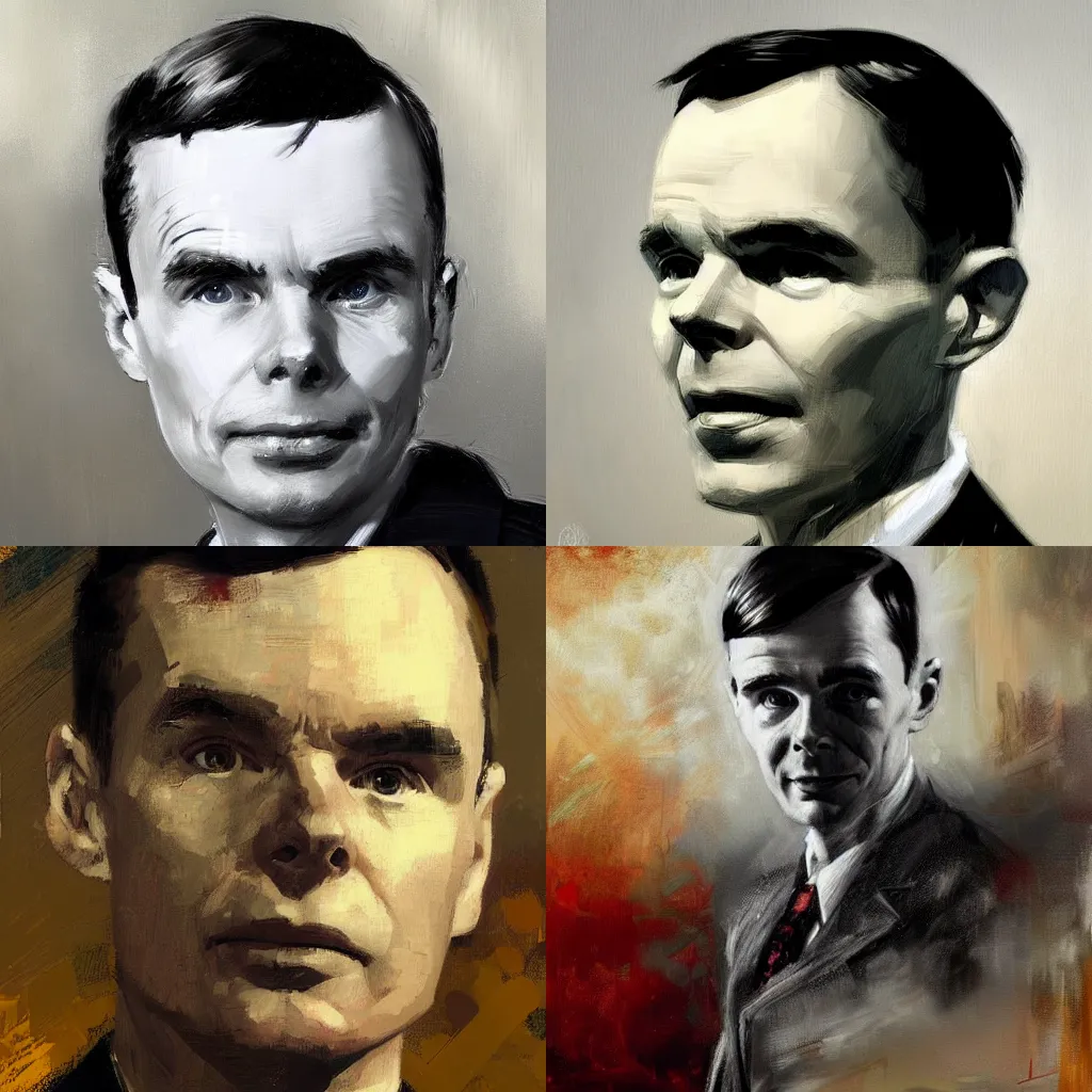 Prompt: A realistic hyperdetailed digital oil portrait painting of Alan Turing in the style of Guy Denning, Ruan Jia, and Craig Mullins. Trending on ArtStation, DeviantArt, and Instagram. CGSociety Digital art.