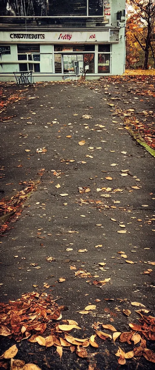 Prompt: “photography of an abandoned cafe in a parking lot autumn forest realistic detailed cinema camera detail cracked pavement wide angle”