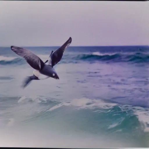 Prompt: polaroid photograph of a pigeon surfing in the ocean