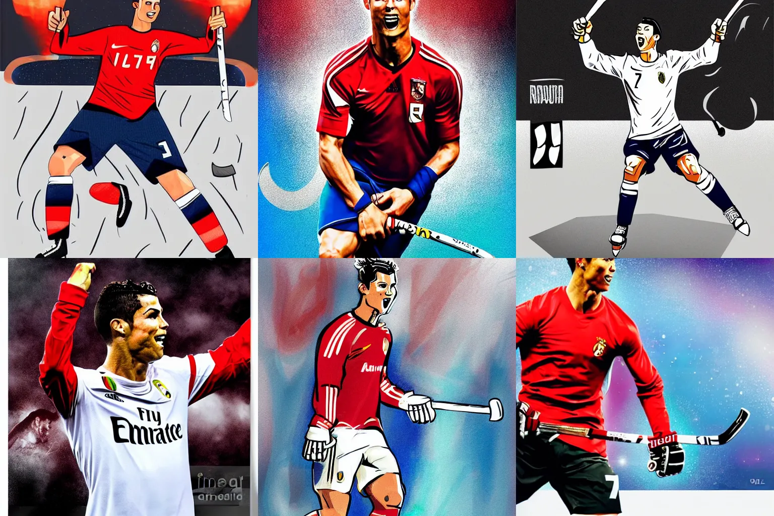 Prompt: Cristiano Ronaldo hockey player rejoices in victory, poster, social realism