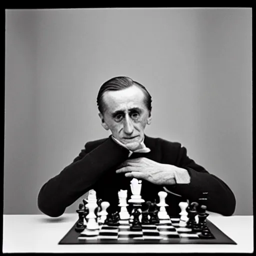 Image similar to a filmstill of Marcel Duchamp playing chess, reuters by Irving Penn