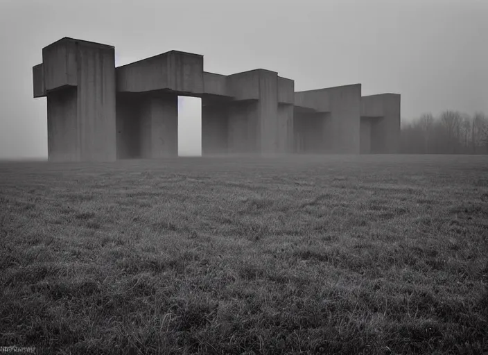 Image similar to high resolution black and white photography with a 3 5 mm f / 2 2. 0 lens of brutalist architectural buildings in belarus in the middle of nowhere in the 1 9 8 0 s, there is fog. fine art photography and very detailed