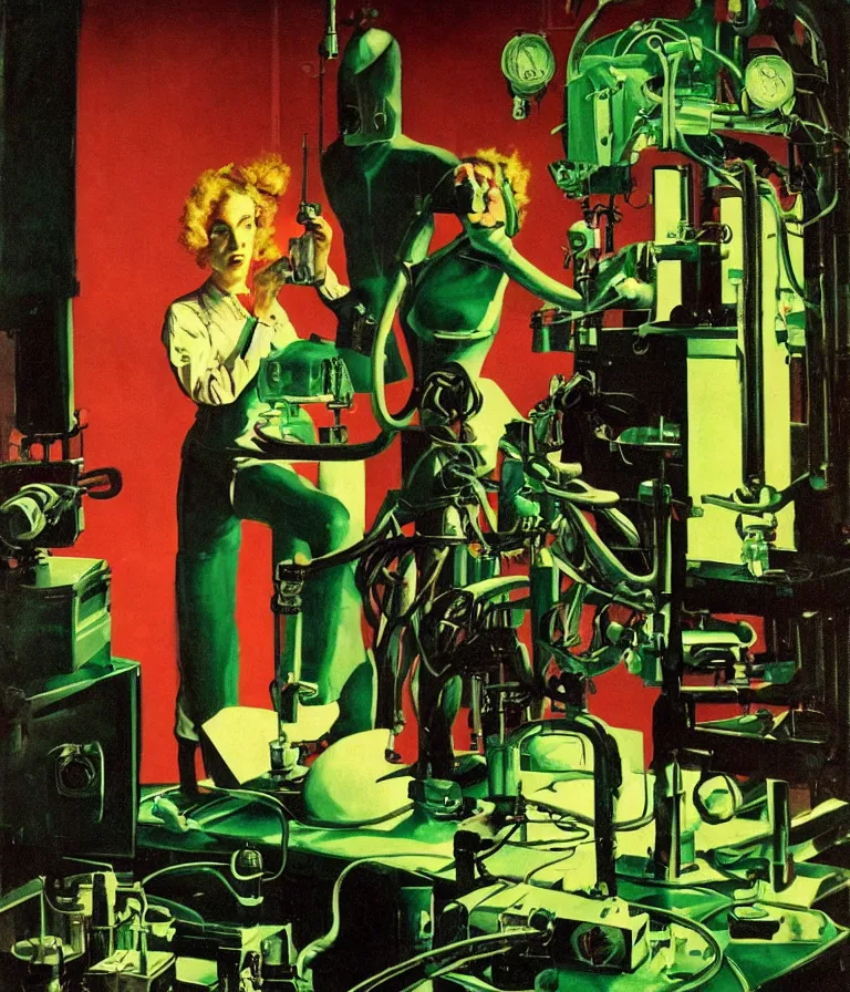 Image similar to a female mad scientist building a robot man, in a darkly lit laboratory room, 1 9 5 0 s horror movie poster style, norman rockwell oil painting, tight shot, close - up shot, retro science fiction, vintage, saturated pink and green lighting, shadowy lighting, cohesive
