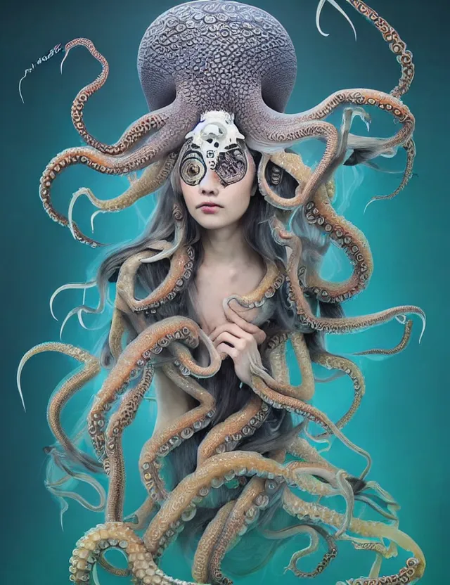 Image similar to 3 d goddess octopus half - turn portrait with long hair with ram skull. beautiful intricately detailed japanese crow kitsune mask and clasical japanese kimono. betta fish, jellyfish phoenix, bio luminescent, plasma, ice, water, wind, creature, artwork by tooth wu and wlop and beeple and greg rutkowski