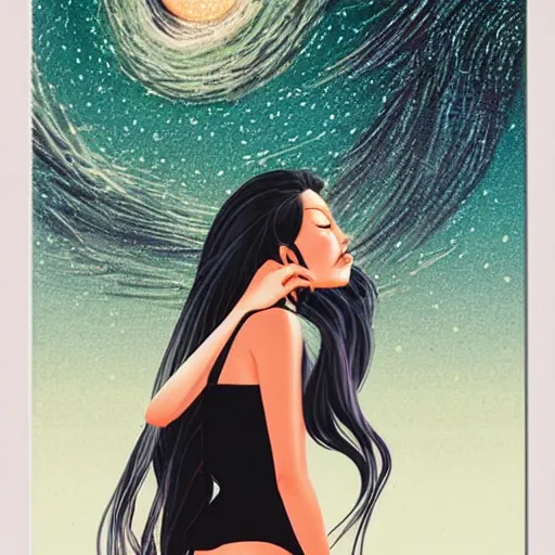 Image similar to A beautiful mixed media art of a woman with long flowing hair, wild animals, and a dark, starry night sky. mint green by Hiroshi Nagai, by Artgerm unplanned, ecstatic