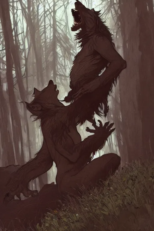 Image similar to fullbody portrait of a werewolf, bared teeth, long claws, by greg rutkowski and alphonse mucha, gradient brown to silver, in front of a forest at night background, highly detailed portrait, digital painting, artstation, concept art, smooth, sharp focus illustration