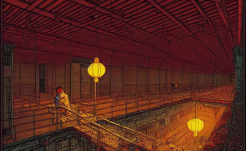 Image similar to artwork of a chinese prison by dan mumford and toshi yoshida and peter doig, vintage scifi, highly detailed, dramatic lighting, 8 k