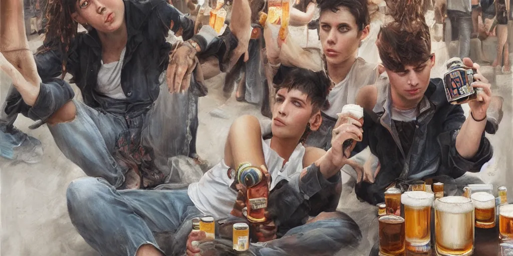 Image similar to beautiful oil matte portrait painting, 8 0 s punks sitting on the berlin wall drinking bottles of beer, boombox on the side, wonderful masterpiece highly detailed, beautiful cinematic light deep focus, elegant, digital painting, smooth, sharp focus, golden ratio, dramatic illumination, ultra realistic, 8 k, art by jimmy law