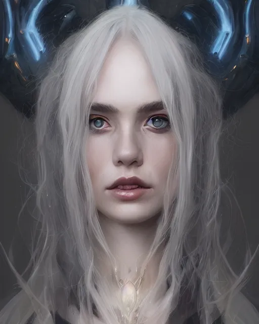 Prompt: portrait of a beautiful sorceress flowy grey hair, grey eyes, cinematic lighting, highly detailed, digital painting, trending on artstation, pixiv, concept art, sharp focus, illustration, art by ross tran and wlop