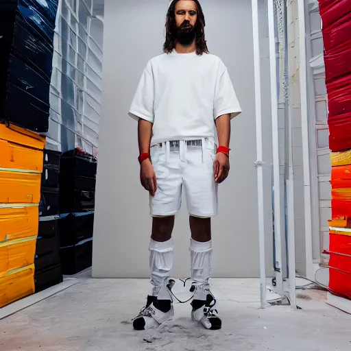 Prompt: a full body lookbook studio photo portrait of modern - day jesus wearing virgil abloh off - white menswear and sneaker collection, detailed, oil painting, hyper - realistic, 8 k, off - white collection