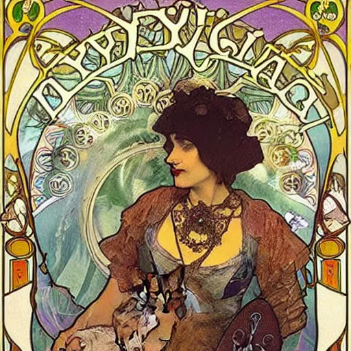 Prompt: a posters of Gypsy lady doing tarot card reading inside a gypsy caravan surrounded by cats in art nouveau from 1878, Alphonse Mucha, decorative panels, old paper, soft colors