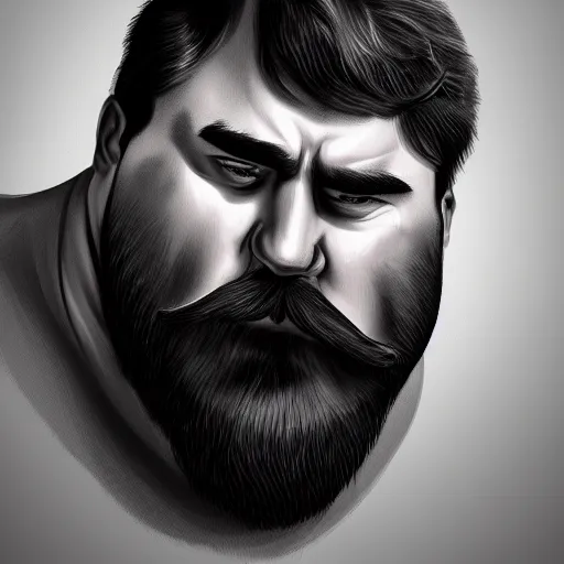 Image similar to face portrait a big beefy man with a large face, thick dark hair, a bushy black moustache, no beard, with hardly any neck and mean little eyes, highly detailed, digital art, sharp focus, trending on art station, drawing