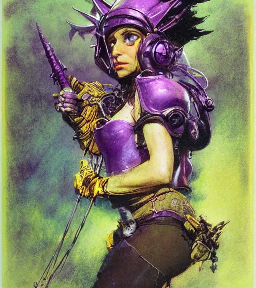 Image similar to princess of the wasteland, scrap metal headdress, strong line, vivid neon color, yellow purple, beautiful! coherent! by brian froud, by frank frazetta, low angle