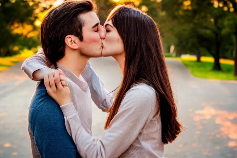 Prompt: girl kiss man, poster, ultra realistic!!!, hdr, clear weather, golden hour, sharp focus