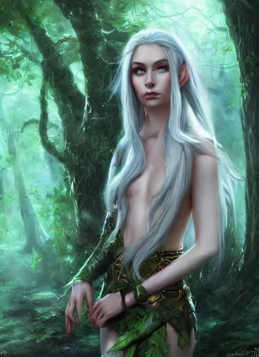 Prompt: A hyperrealistic fantasy portrait painting of a beautiful female elf in a lush dark atmospheric lightning forest, DAZ, hyperrealistic, ambient light, dynamic light, artstation, deviantart, nice body