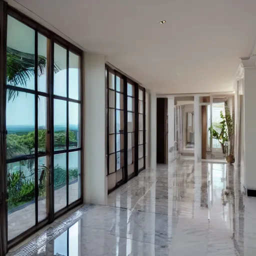 Image similar to shiny marble tiles in hallway leading to patio, beach in the background, luxury, indoor,