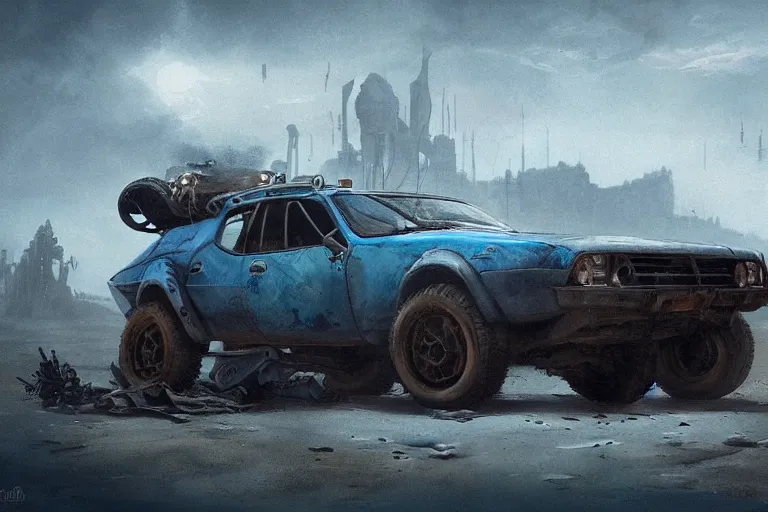 Image similar to a Dacia 1310, in Mad Max style, coriolios rpg art style, full of details, dark sci-fi, cold blue colors, matte painting, artstation, 8k, hyperrealistic, style of peter mohrbacher