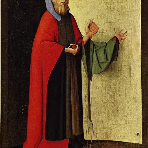 Prompt: portrait of an old skinny wise wizard man in an ancient robe, art by hieronymus bosch