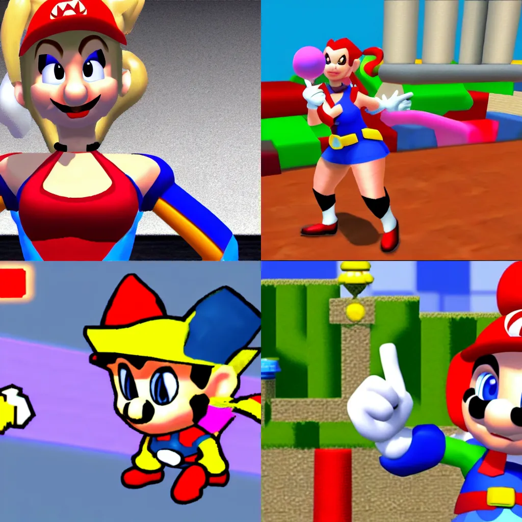 Prompt: harley quinn in Super Mario 64, nintendo, gameplay,