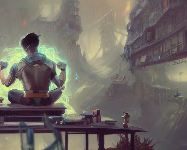 Image similar to an insanely detailed painting of a nerdy asian man wearing a superhero costume, sitting at a desk, staring at the nervously at the computer and typing, in the style of peter mohrbacher, dramatic lighting and composition, surreal background, octane render, pixar, trending on artstation, concept art, comic book, view from behind