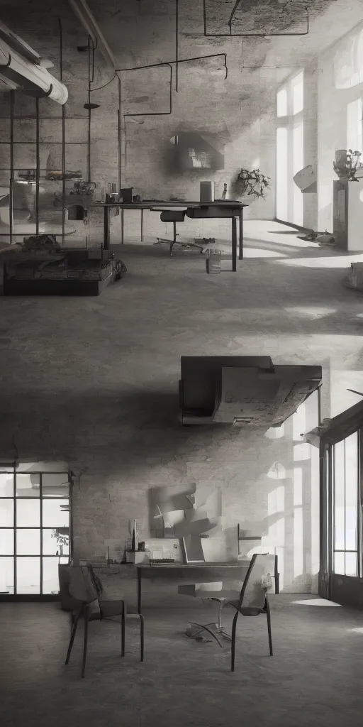 Prompt: « warehouse interior design, furnitures, black, latex, reflections, pain, alone, sadness, suffering, octane render»