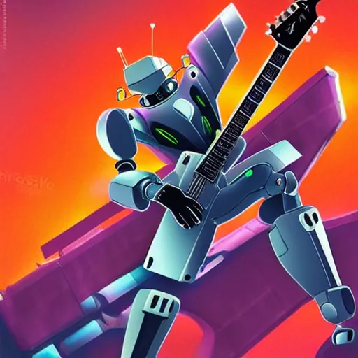 Image similar to A cell animation of a robot shredding a guitar solo in a futuristic city street, macross, gundam, ghibli style, illustration, anime, trending on artstaion