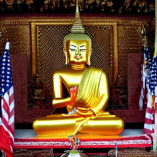 Image similar to Donald Trump as a golden thai Buddha statue, in Buddhist temple, colourized, photo