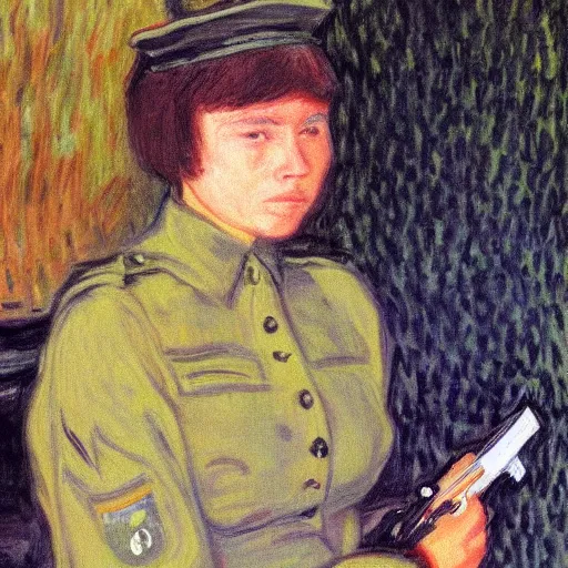 Prompt: a female soldier holding a a stapler to her own head and looking depressed by monet realistic, high details